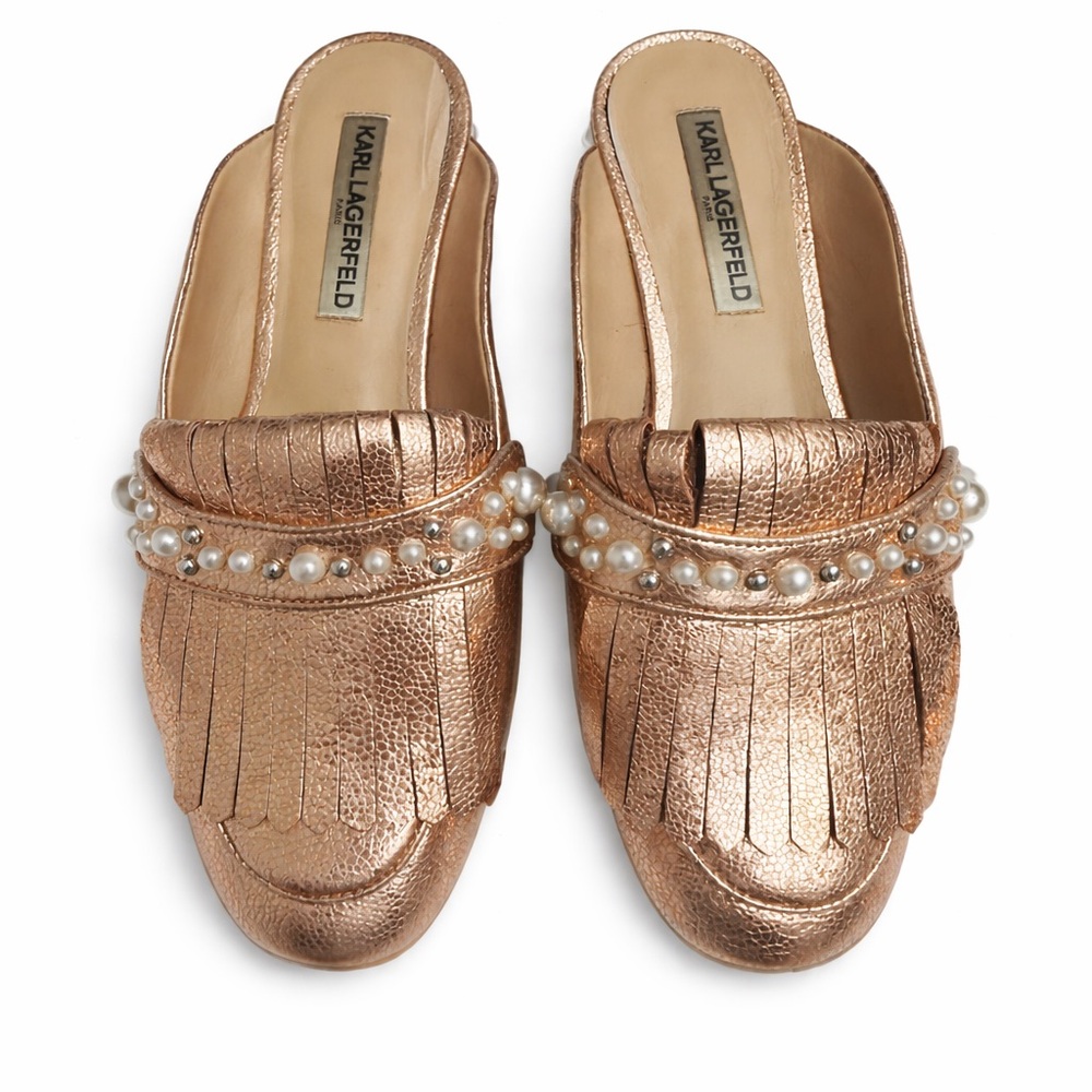 Karl Lagerfeld Metallic Bronze Pearl Fringe Mule Loafers 9.5M Designer Slip On